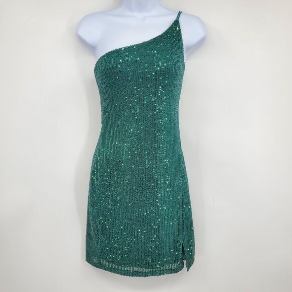 Crystal Sky Emerald Green Sequin One Shoulder Mini Sleeveless Party Dress Small - Picture 1 of 7
